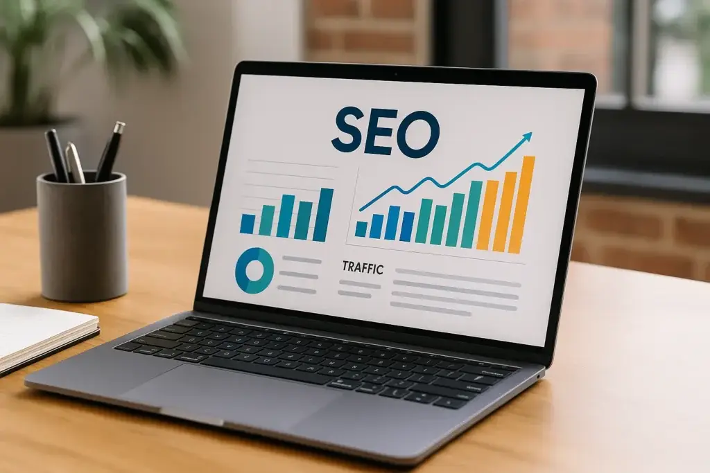 Inicio 3 Ordenador portátil mostrando gráficos de crecimiento y estadísticas de SEO en un entorno de oficina