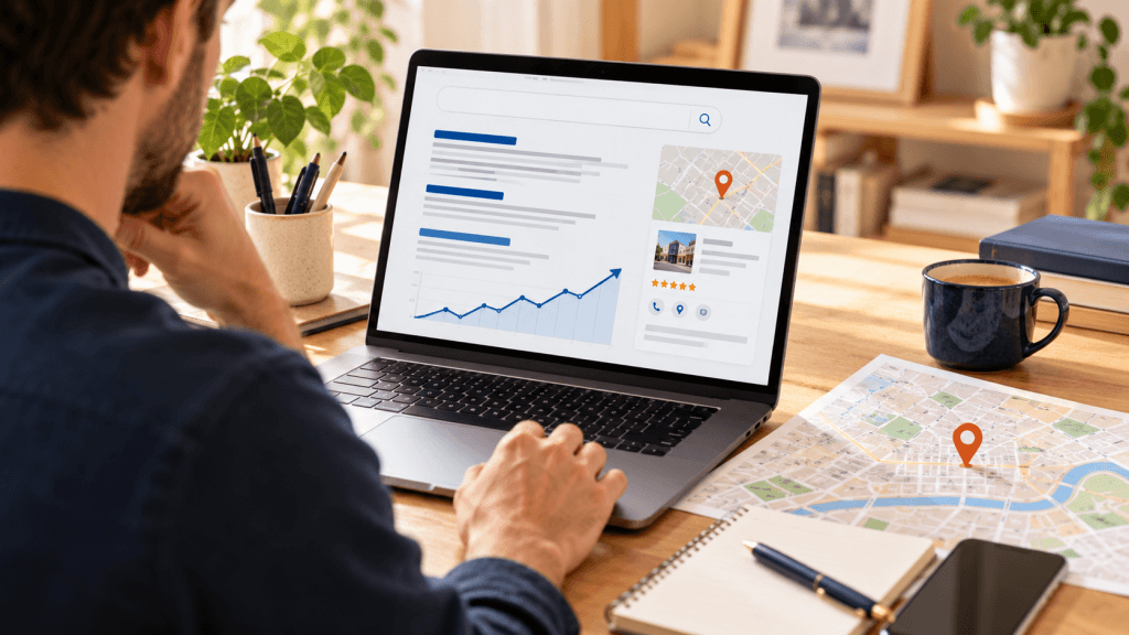 Persona analizando resultados de SEO y posicionamiento en Google
