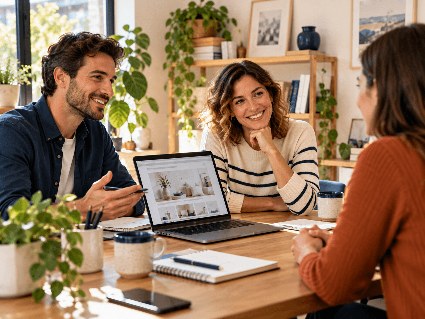 Reunión con clientes alrededor de una mesa de trabajo