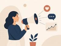 Persona con un megáfono del que salen iconos de me gusta, mensaje y un gráfico ascendente, representando el marketing digital con resultados medibles