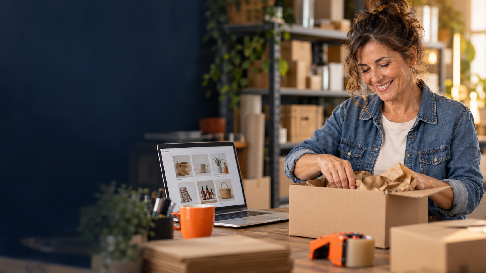 Comerciante de Fuenlabrada preparando pedidos junto a su tienda online en el portátil
