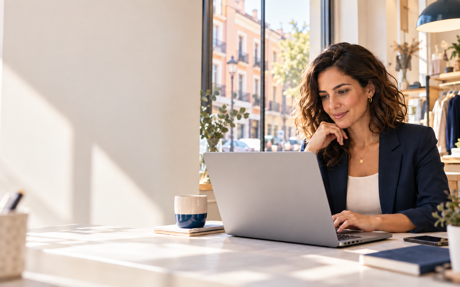 Emprendedora de Alcorcón trabajando con su portátil en un café luminoso