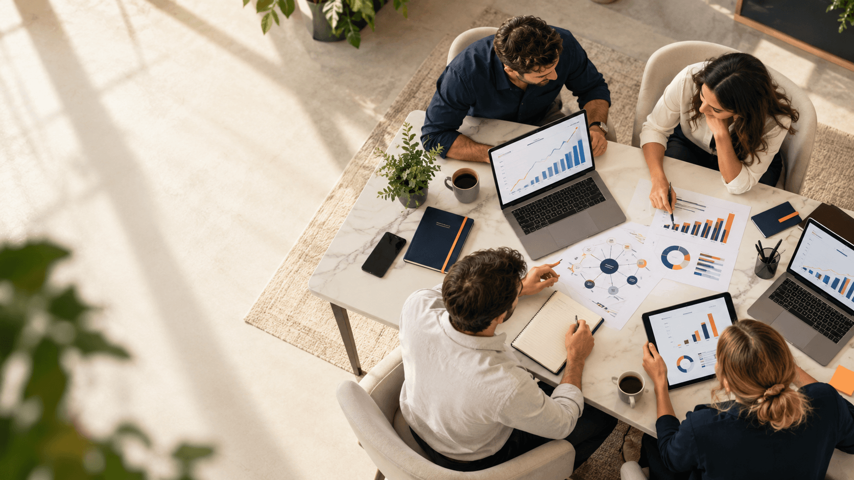 Reunión estratégica con análisis de datos de posicionamiento SEO